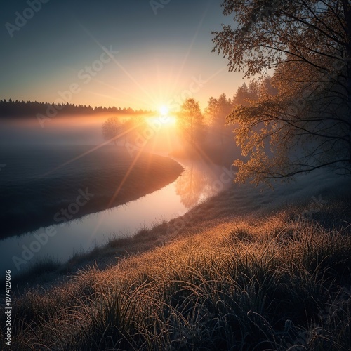 Sunrise over the River - A Serene Landscape.