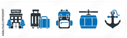 A set of 5 mix icons as hotel, suitcase, backpack