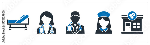 A set of 5 mix icons as stretcher, female doctor, male doctor