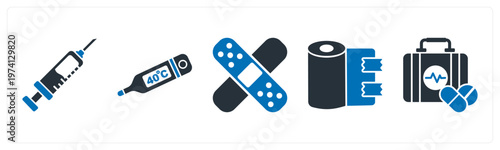 A set of 5 mix icons as injection, thermometer, bandage