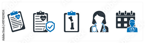 A set of 5 mix icons as health report, medical insurance, xray
