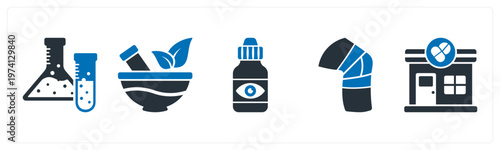 A set of 5 mix icons as flask, ayurvedic medicine, eye drop