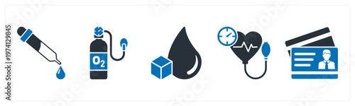 A set of 5 mix icons as dropper, oxygen cylinder, blood sugar