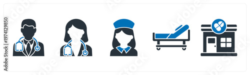 A set of 5 mix icons as male doctor, female doctor, nurse