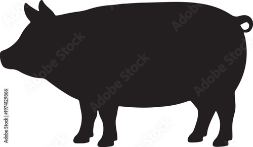 Black silhouette of a pig standing on a white background animal