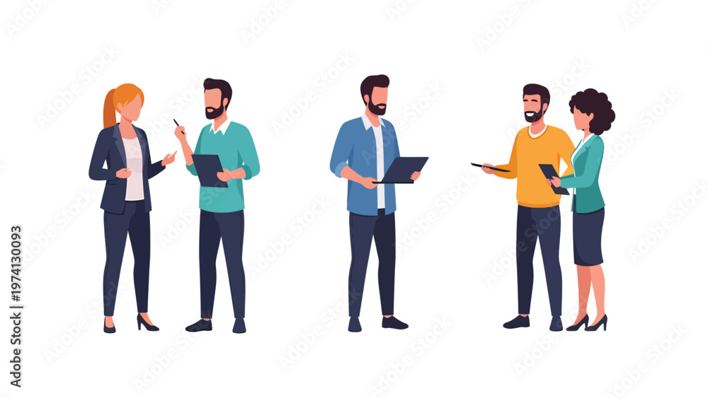 Obraz premium Professional team collaboration with digital tablets for business discussion, flat vector illustration