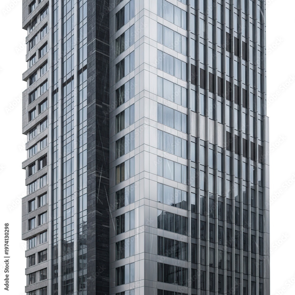 Fototapeta premium Modern skyscraper with glass facade in urban environment.