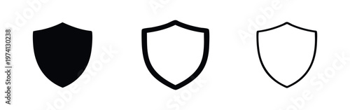Classic shield icon set for security and protection with solid, thick outline, and thin outline styles