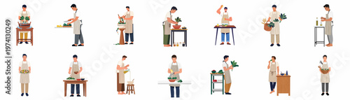 A set of flat vector illustrations of men in aprons preparing healthy food, washing vegetables, and cooking fresh salads in the kitchen.