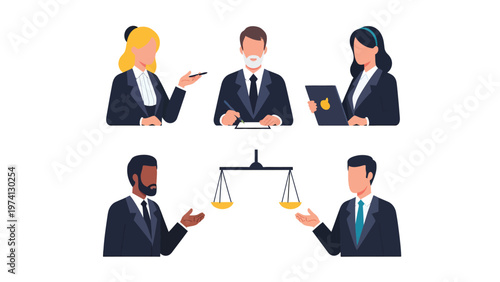Legal Professionals & Justice Scales. Diverse Lawyers, Judges, and Consultants in Flat Vector Illustration Set for Law & Business