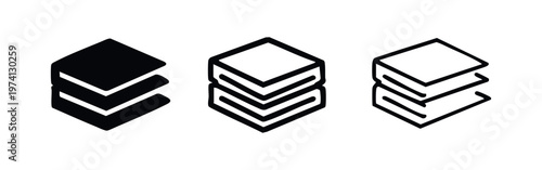 Stack of books icon set in three design variations: filled, bold outline, and thin outline on white