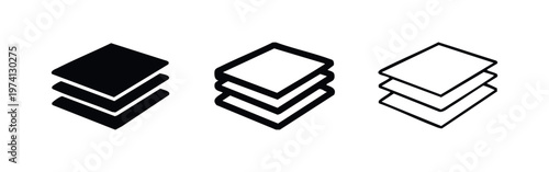 Stacked papers or layers icon set representing documents and files in three distinct styles