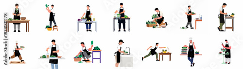 Flat vector illustration set of male chefs preparing healthy meals with fresh vegetables and green leafy kale in a modern kitchen setting.