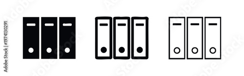 Office ring binders icon set for file organization, featuring solid, thick outline, and thin outline designs