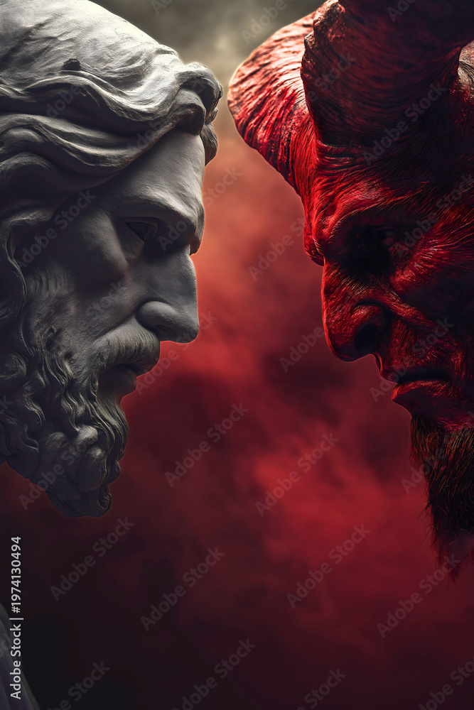 Fototapeta premium God devil angel demon good evil, heaven hell battle conflict confrontation duel, rivalry opposite religion spiritual faith temptation