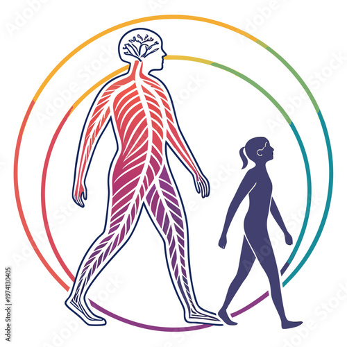 Adult and child nervous systems within concentric circles showing health connection growth and continuity.
