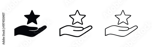 Hand holding a star icon set. Rating, favorite, and quality symbol in glyph, outline, and thin line styles.