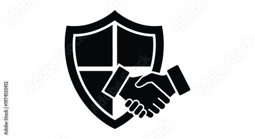 Shield and handshake graphic symbolizing trust and security black silhouette