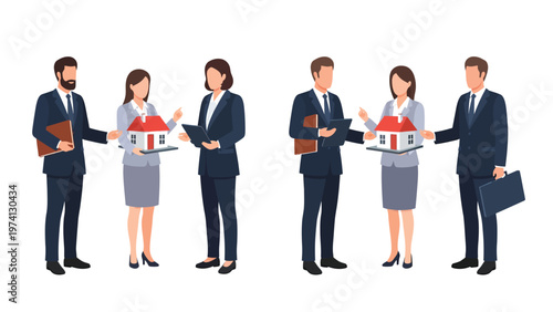 Real Estate Agents and Clients: Property Transaction Business Illustration