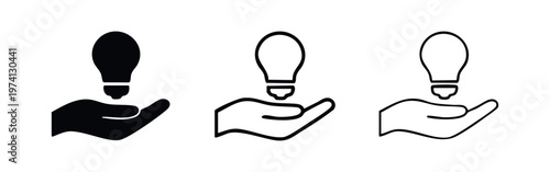 Hand holding a light bulb icon set. Idea, innovation, and creativity symbol in glyph, outline, and thin line styles.