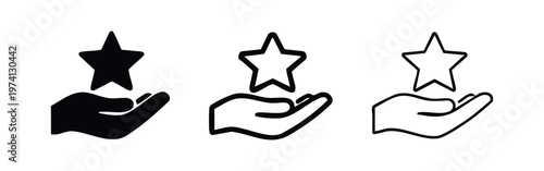 Hand holding a star icon set. Rating, favorite, and quality symbol in glyph, outline, and thin line styles.