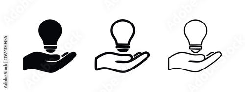Hand holding a light bulb icon set. Idea, innovation, and creativity symbol in glyph, outline, and thin line styles.