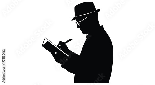 Man in hat writing in a clipboard stark black and white silhouette