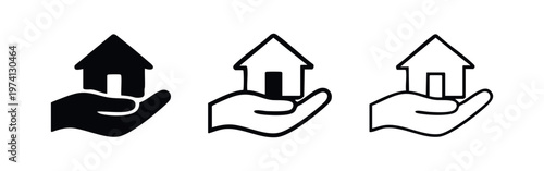 Hand holding a house icon set. Real estate, property, and home ownership symbol in glyph, outline, and thin line styles.