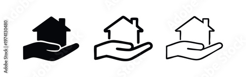 Hand holding a house icon set. Real estate, property, and home ownership symbol in glyph, outline, and thin line styles.