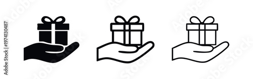 Hand holding a gift box icon set. Present, bonus, and celebration symbol in glyph, outline, and thin line styles.