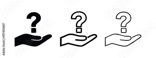 Hand holding a question mark icon set. Inquiry, support, and help symbol in glyph, outline, and thin line styles.