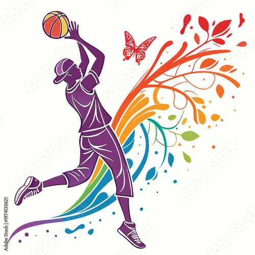 Basketball player jumping for slam dunk silhouette with dynamic colorful swirls of plants and butterflies for sports motivation design on background.