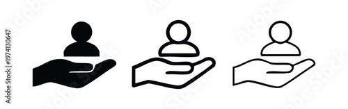 Hand holding a user icon set. Account, profile, and customer service symbol in glyph, outline, and thin line styles.
