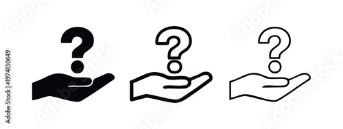 Hand holding a question mark icon set. Vector illustration of asking for help, support, or problem solving.