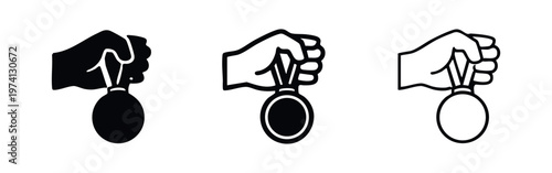 Hand holding a medal icon set. Vector illustration of winning, achievement, reward, or success concept.