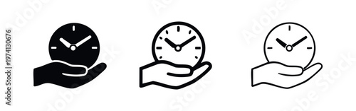 Hand holding a clock icon set. Vector illustration of time management, deadline, planning, or urgency concept.