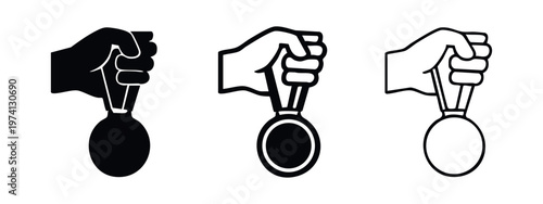 Hand holding a sports medal icon set. Vector illustration of championship, success, award, or competition.
