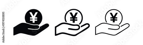 Hand holding a Yen/Yuan coin icon set. Vector illustration of currency, payment, or financial transactions.