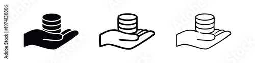 Hand holding stacked coins icon set. Vector illustration representing savings and financial assets.