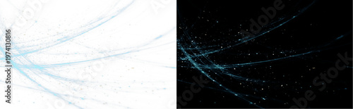 Digital network communication lines with glowing particles on dual background, futuristic fiber optic data transfer