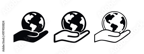 Hand holding a globe icon set. Vector illustration of global reach, environmental care, or international business.