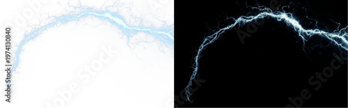 Realistic blue lightning arc or electric discharge isolated on black and white background, powerful energy spark effect