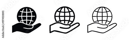 Hand Holding Globe Icon Set. Global Connection, Environmental Care, and International Business Symbol.