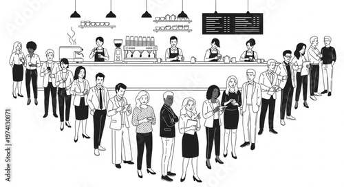 Diverse group of people queuing at a busy coffee shop counter.