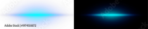 Blue anamorphic lens flare light beam effect with neon glow isolated on black and white background, horizontal light streak