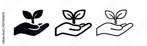 Hand holding a growing plant icon set. Vector illustration for nature, growth, ecology, or sustainability.