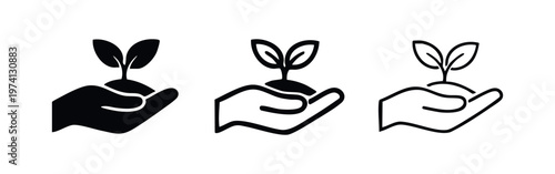 Hand Holding Plant Sprout Icon Set. Growth, Nature, and Environmental Sustainability Symbol.