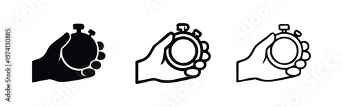 Hand Holding Stopwatch Icon Set. Time Management, Speed, and Deadline Measurement Symbol.