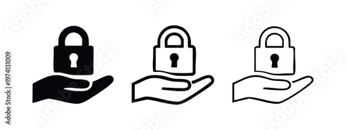 Hand Holding Padlock Icon Set. Security, Protection, and Data Privacy Symbol.