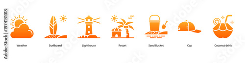 Coastal Paradise web banner icon vector illustration featuring Weather, Surfboard, Lighthouse, Resort, Sand Bucket, Cap, and Coconut Drink for beach and ocean fun.